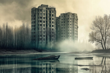 Pencil drawing of big scary building in a city seen by a child. Destruction and isolation