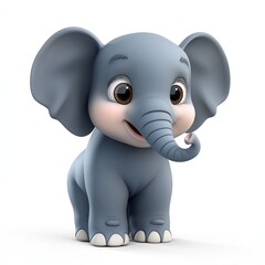 Elephant depicted in adorable 3D cartoon, white background.