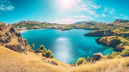 Fototapeta premium Sun-Drenched Coastal Bay: A Summer Day's Panorama. AI Generated