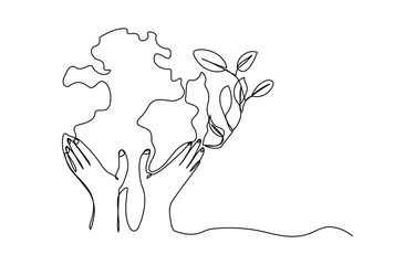 World environment day minimalist vector background with hands and plant. One continuous line drawing. Poster, banner, background with lettering,