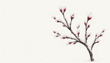 Winter watercolor illustration of a tree branch covered with snow and red buds on a white background