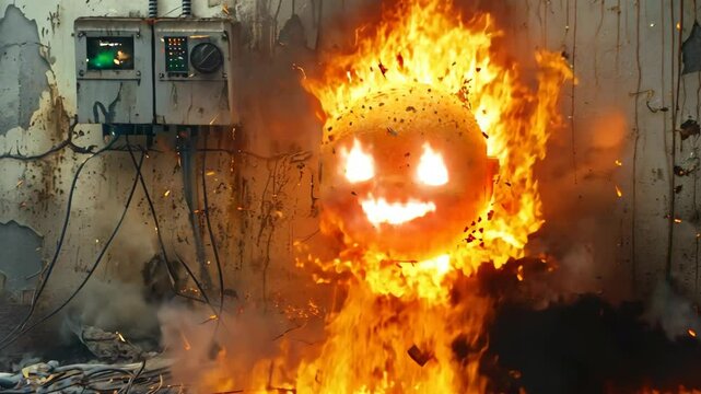 A small, smiling, orange face is surrounded by a cloud of fire. The scene is chaotic and intense, with the fire and the face creating a sense of danger and excitement