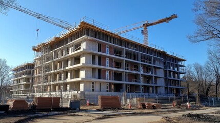 Construction site of a building with cranes at sunset