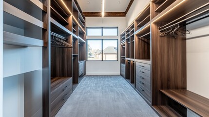 Spacious walk-in closet with wooden shelves and drawers.
