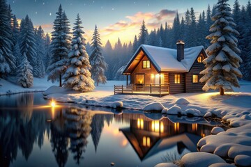 Fototapeta premium Lakeside cabin, winter night: snowy landscape, warm interior lights create cozy ambiance.