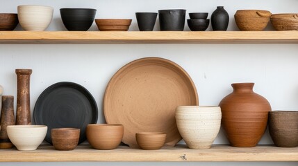 Diverse Collection of Handmade Ceramic Pots and Bowls on Shelves