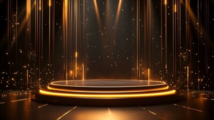 Luxurious golden stage with glowing lights and sparkling particles, creating an elegant and festive atmosphere.