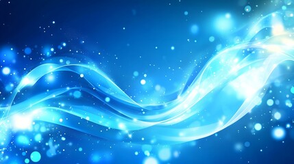 Dynamic blue abstract background with flowing waves, glowing particles, and vibrant bokeh light effects.