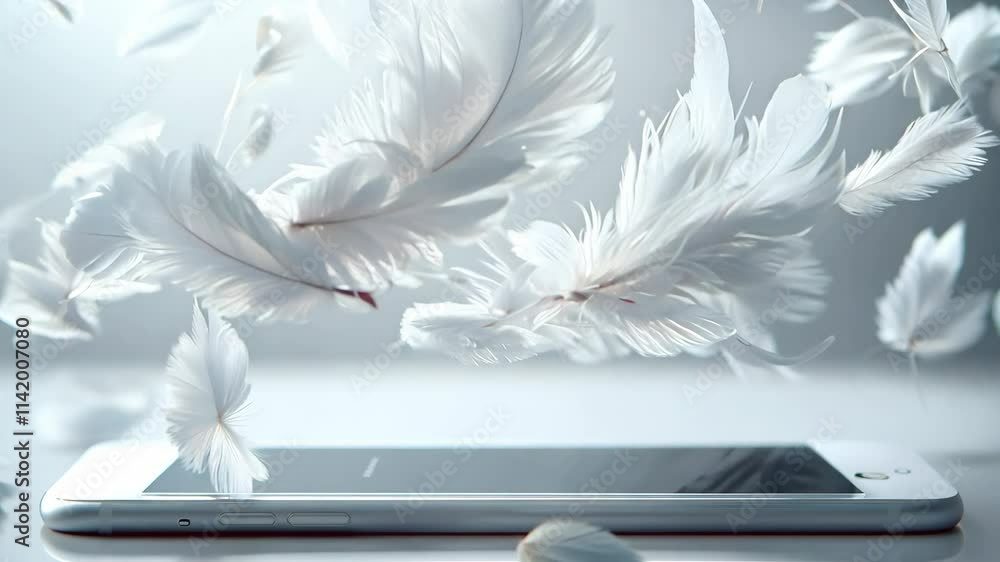 Poster a white phone with feathers scattered around it. the feathers are in various sizes and are falling f
