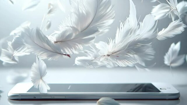 A white phone with feathers scattered around it. The feathers are in various sizes and are falling from different angles, creating a sense of movement and chaos. The scene evokes a feeling of disarray
