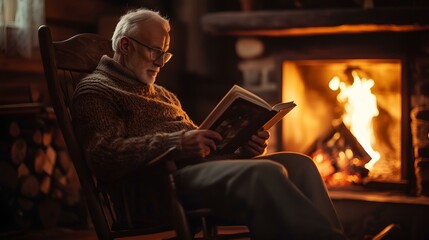 Obraz premium Elderly man reading a book by a cozy fireplace in a rustic wooden cabin with warm ambient lighting.