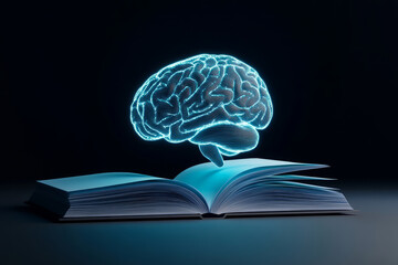 An open book emitting a glowing brain hologram