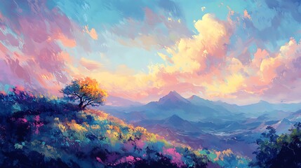 Vibrant sky painting above mountain landscape digital fantasy art. AI Generated