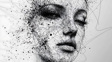 Fototapeta premium Abstract Line Art Portrait of a Woman: Monochrome Digital Illustration. AI Generated