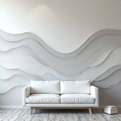 white sofa with High-Key Minimalist Silver Waves: Smooth Patterns wall