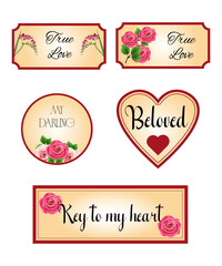 Labels for Valentines gift decorating, stickers for sketchbooks and more. Romantic labels with roses and hearts  in vector. EPS10	
