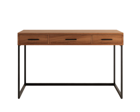 Modern wooden desk with three drawers and metal legs, perfect for home office