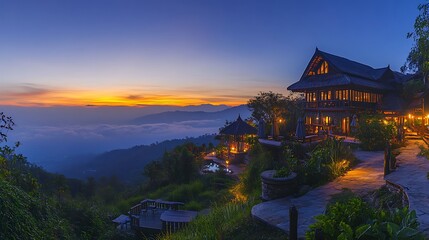 Fototapeta premium Mountaintop Resort at Sunset in the Himalayas: Breathtaking Landscape Photography. AI Generated
