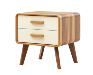 Modern wooden nightstand with two drawers and tapered legs, featuring stylish design that enhances any bedroom decor. Perfect for storage and organization