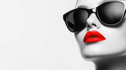 Obraz premium Chic female portrait with sunglasses and vibrant red lipstick on a grayscale background.
