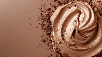 Close-up of creamy chocolate mousse with sprinkled shavings, featuring the 2025 color of the year, mocha mousse.