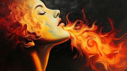 Fiery woman powerfully exhaling flames, dark realistic digital painting.. AI Generated