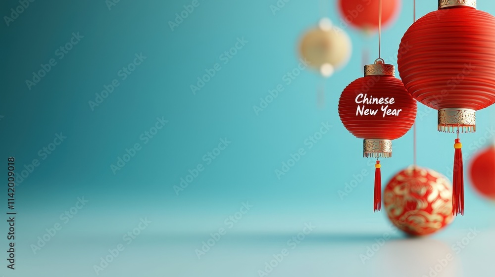 Poster elegant script of chinese new year text with a dragon and lanterns design
