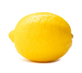 Side view of single fresh ripe yellow lemon fruit isolated on white background with clipping path