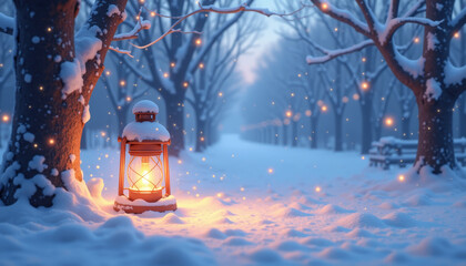 Quiet winter evening with a glowing lantern illuminating a snow-covered path
