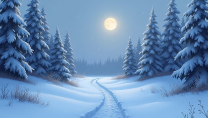 Quiet winter evening with a full moon illuminating a snowy path through the forest