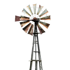 Rusted Windmill with Wooden Tower Against White Background