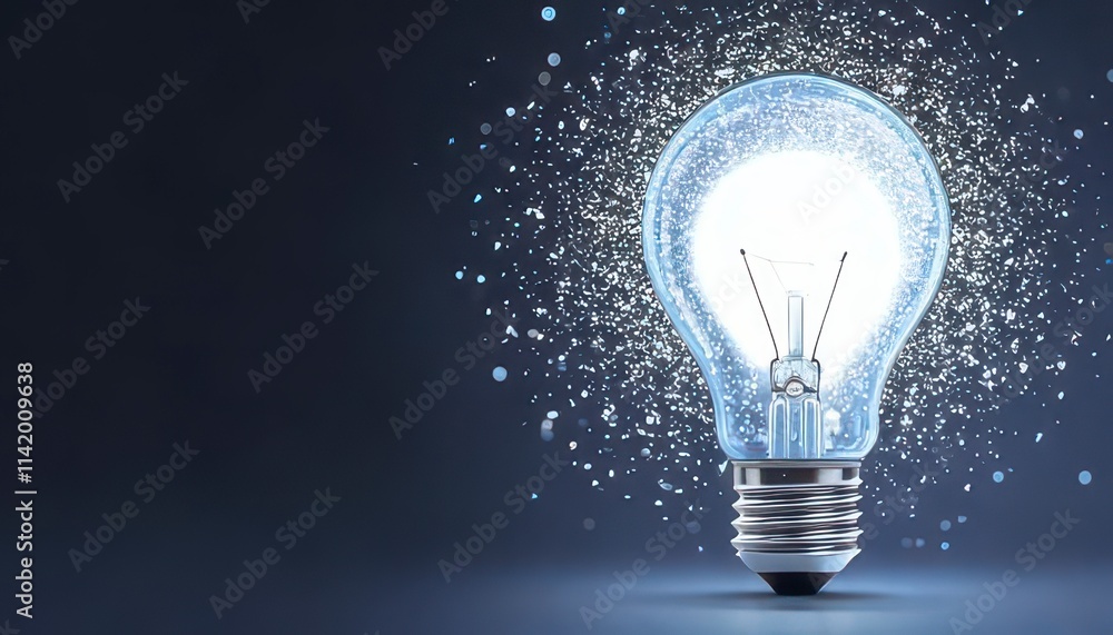 Poster bright idea concept. illuminated light bulb surrounded by sparkling particles on a dark background.