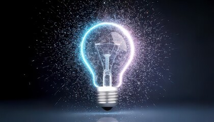 Bright idea concept. Illuminated light bulb with glowing effects and sparkles against a dark background.
