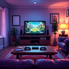 living room gaming setup vaporwave evening light fun relaxed atmosphere for social media posts