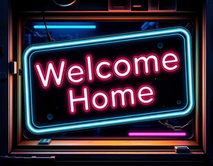 Fototapeta premium vaporwave Welcome Home sign with smiley face close-up for nostalgic marketing materials