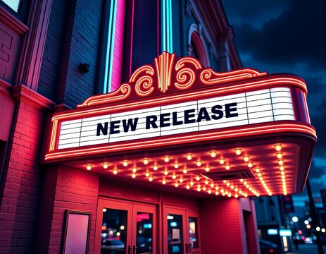 cinema marquee new release lights vibrant night vaporwave background