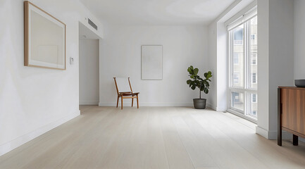 Fototapeta premium Bright and airy Scandinavian living area features pure white walls and light oak flooring, showcasing a single statement chair and large windows that enhance the spacious feel