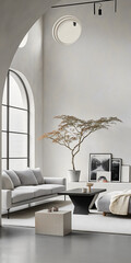 This living area showcases a minimalist Nordic design with a polished concrete floor, light gray wool sofa, and a large circular window casting dramatic light. A Japanese maple adds warmth