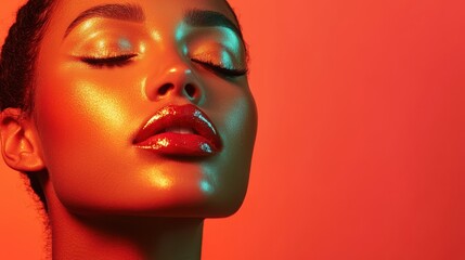 Aura Beauty glow luxury. Vibrant portrait of a woman with glowing skin and bold makeup.