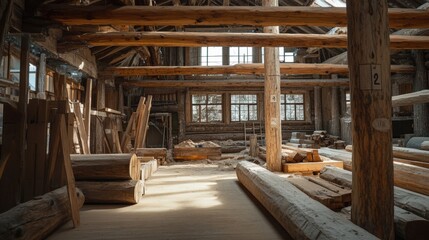 Obraz premium Rustic Wooden Interior Timber Frame Building Structure