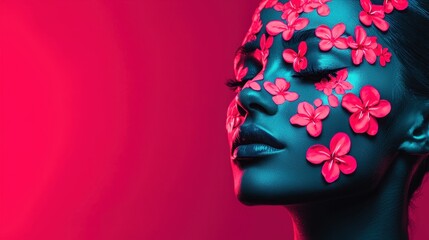 Aura Beauty glow luxury. Vibrant portrait of a woman with floral face art and colorful lighting.