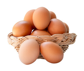 Group of fresh brown chicken eggs in stack in wicker basket isolated with clipping path in png file format