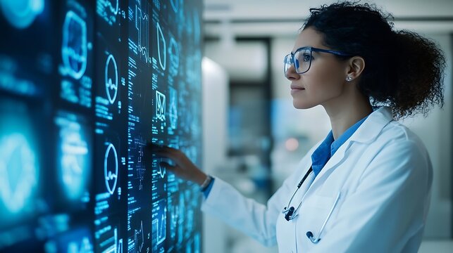 A medical researcher examining a screen filled with patient health data, highlighting the importance of data sharing in improving healthcare outcomes 
