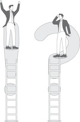 Man cheering standing on exclamation mark and upset man standing on question mark holding head in hands