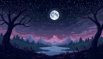 A luminous full moon in a clear night sky, with trees standing tall in the foreground, creating a serene landscape. Pixel landscape