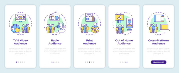 Audience measurement methods onboarding mobile app screen. Sales walkthrough 5 steps editable graphic instructions with linear concepts. UI, UX, GUI template. Montserrat SemiBold, Regular fonts used