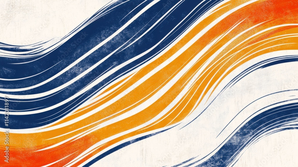 Poster abstract wavy composition with blue, orange, and white colors creating a dynamic flowing background 
