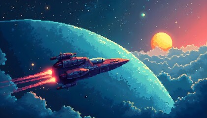 A spacecraft traveling through wispy clouds, emphasizing its advanced design against the backdrop of a bright sky. Pixel art