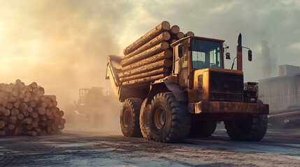 Obraz premium Logging Truck at Dusk: Timber Transport in a Forest Industry Yard. AI Generated