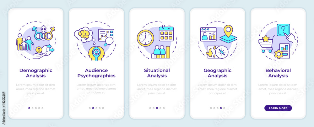 Poster audience analysis onboarding mobile app screen. business assess walkthrough 5 steps editable graphic